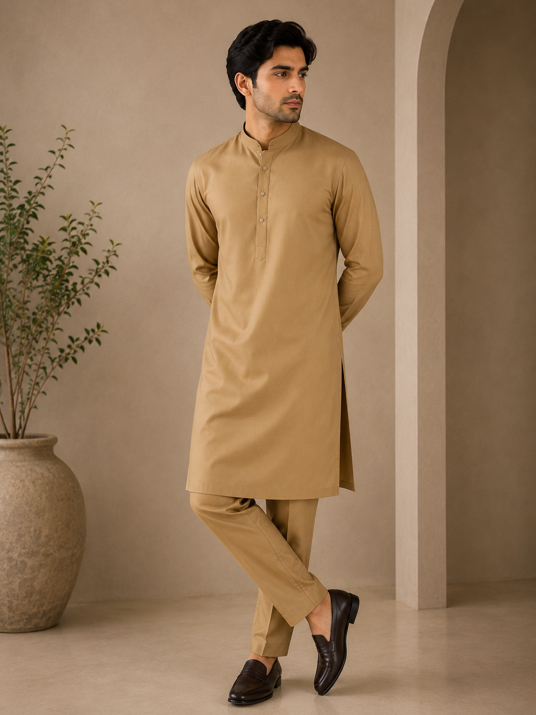 KPC1054 Camel Tan Classic Cotton Kurta Pant Set