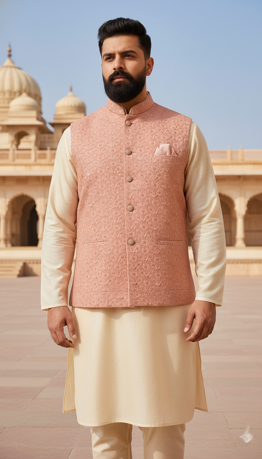 KPD5303 Plus Size Peach Embroidered Nehru Jacket