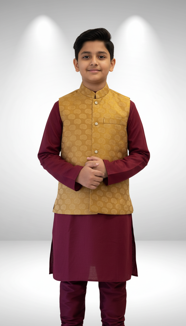KPK7093 Mahroon Kurta and Yellow Nehru Jacket 12-13y