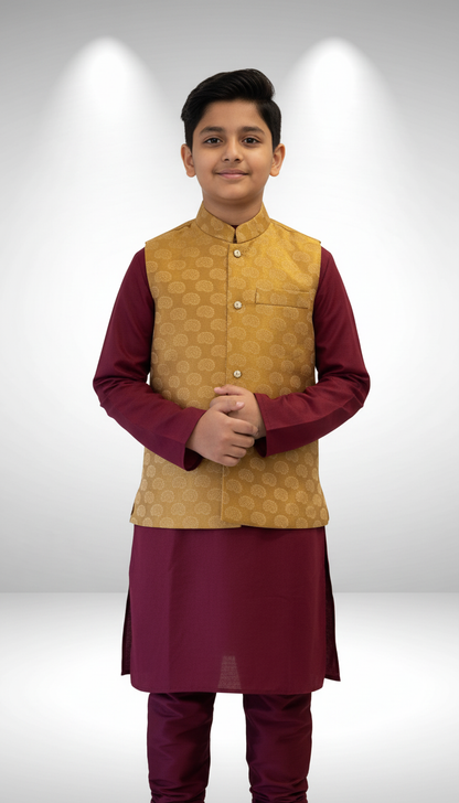 KPK7093 Mahroon Kurta and Yellow Nehru Jacket 12-13y