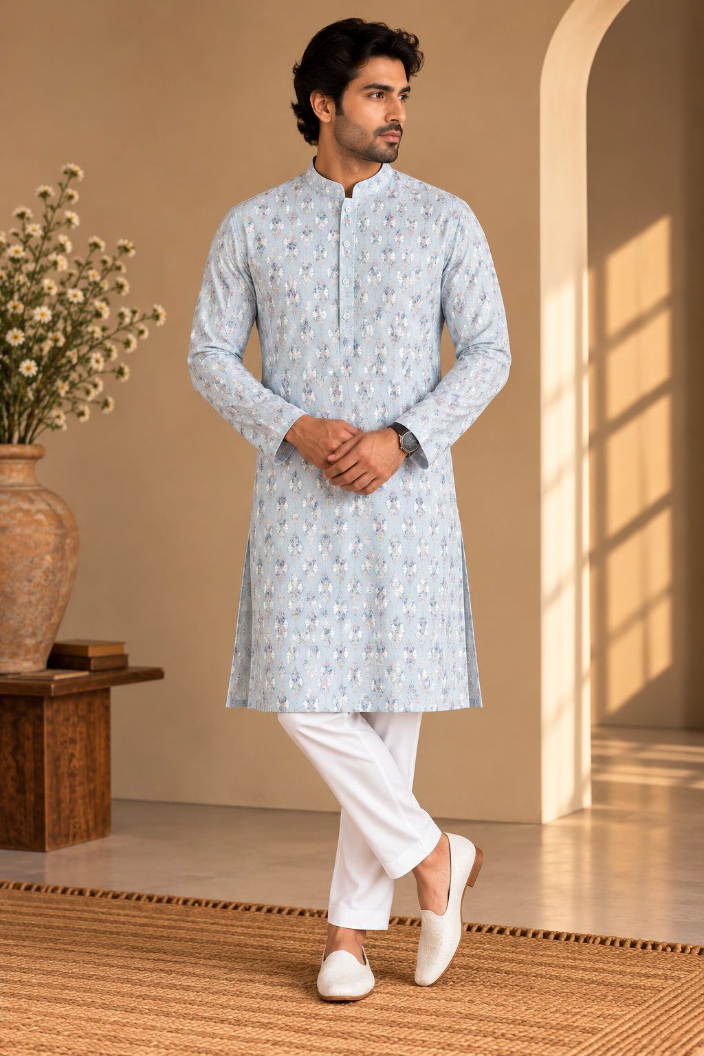KPD4117 Plus Size Imperial Sky Metallic Printed Kurta with White Pyjama
