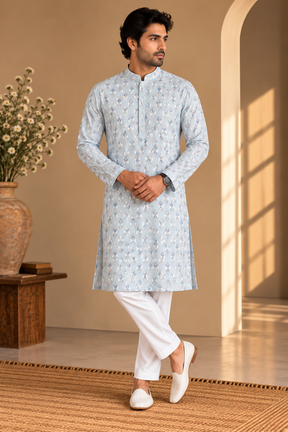 KPD4117 Plus Size Imperial Sky Metallic Printed Kurta with White Pyjama