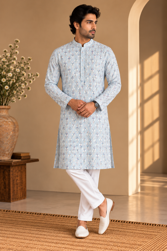 KPD4117 Plus Size Imperial Sky Metallic Printed Kurta with White Pyjama