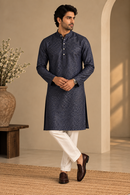 KPD6297 Dark Navy Blue Woven Self-Pattern Kurta Pyjama Set