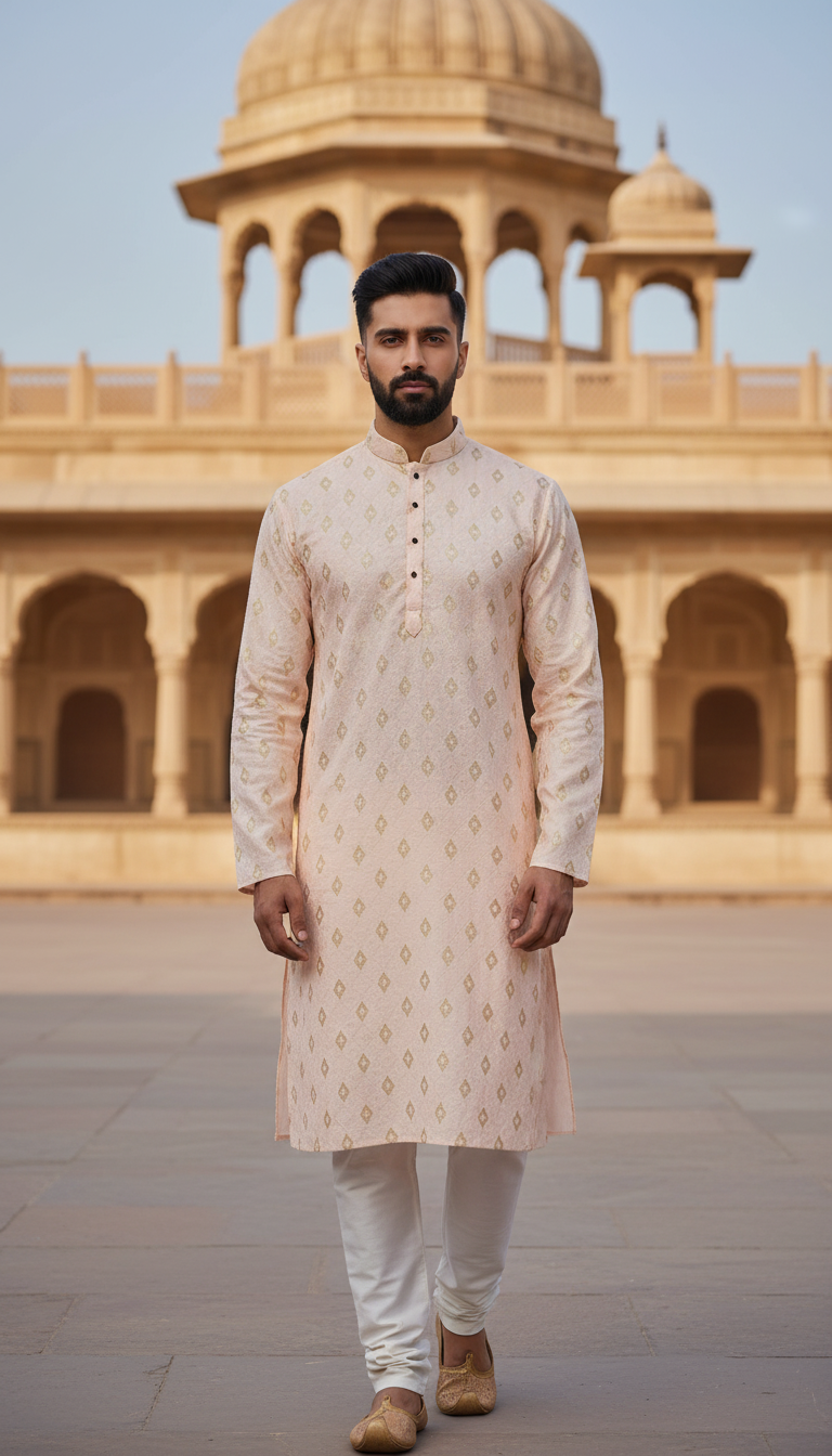 Man wearing a traditional pink kurta standing in front of a historical building.