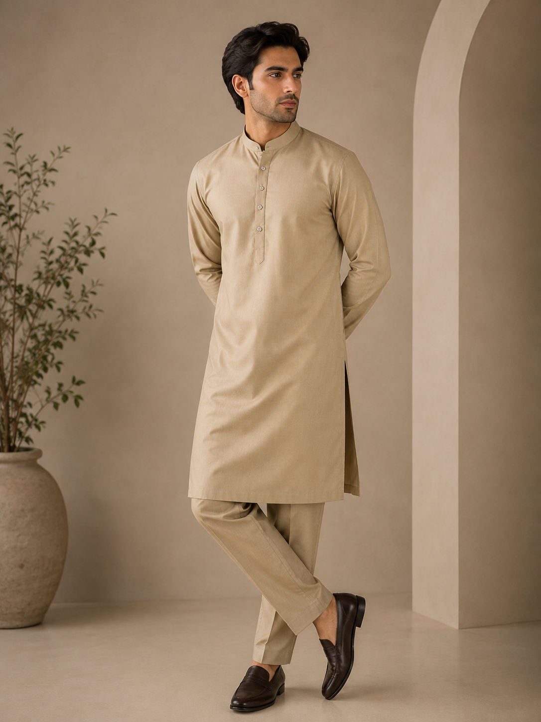 KPC1052 Sand Beige Classic Cotton Kurta Pant Set