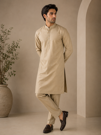 KPC1052 Sand Beige Classic Cotton Kurta Pant Set