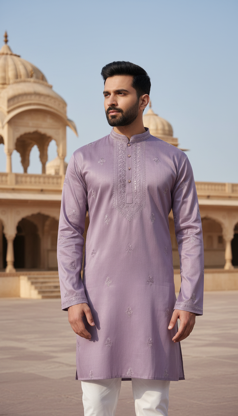 KPD6042 Lavender Silk Embriodery Work Kurta Pyjama Set