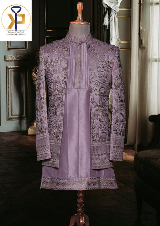 purple indo western set for men