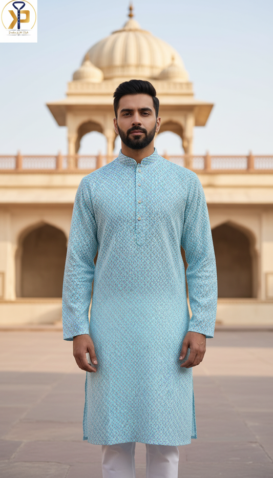 KPD6053 Chikankari Sequence Blue White Kurta Pyjama Set
