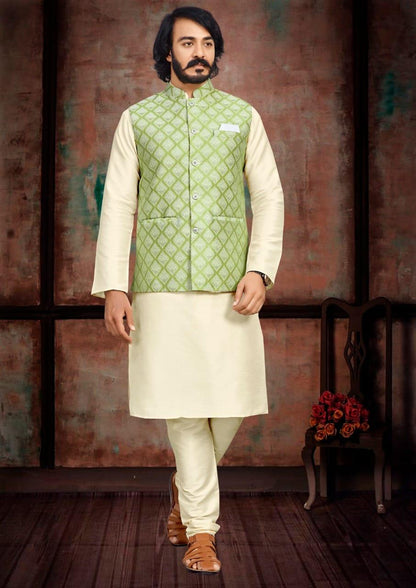 cream kurta pyjama with nehru jacket