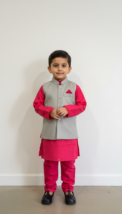 KPK7046 Red Kurta and Champagne Nehru Jacket 3-4y
