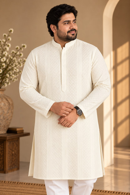 KPD4111 Plus Size Butter Cream Sequin Ethnic Kurta Pyjama Set