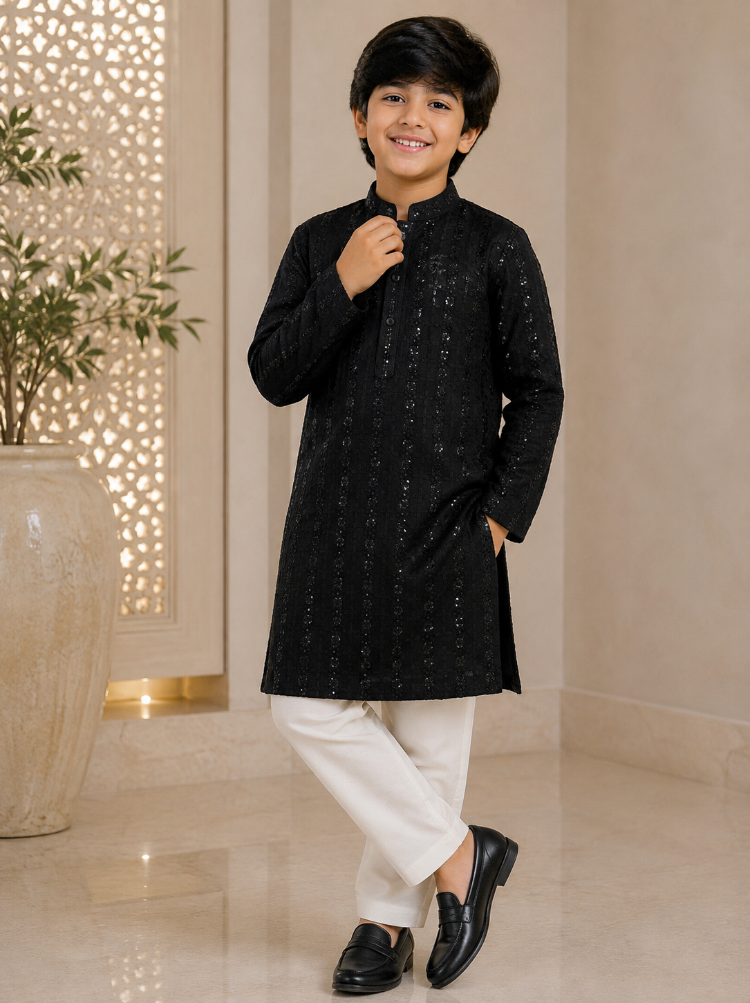 KPK2013 Black Embellished Kurta Pyjama Set for Boys
