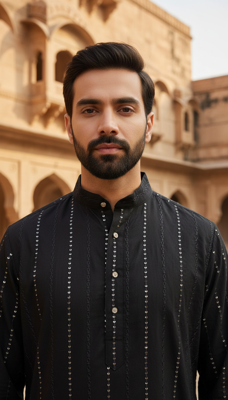 KPD6125 Black Sequence Work Kurta Pyjama Set