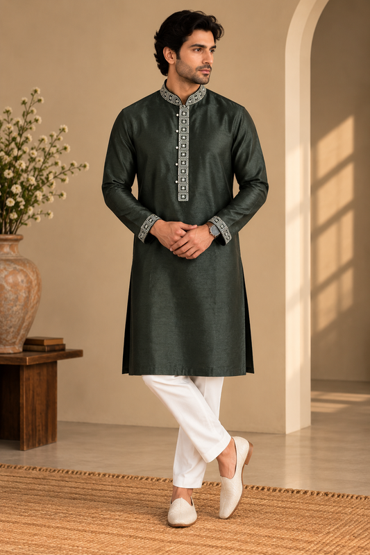 KPD6305 Bottle Green Embroidered Designer Kurta Pyjama Set