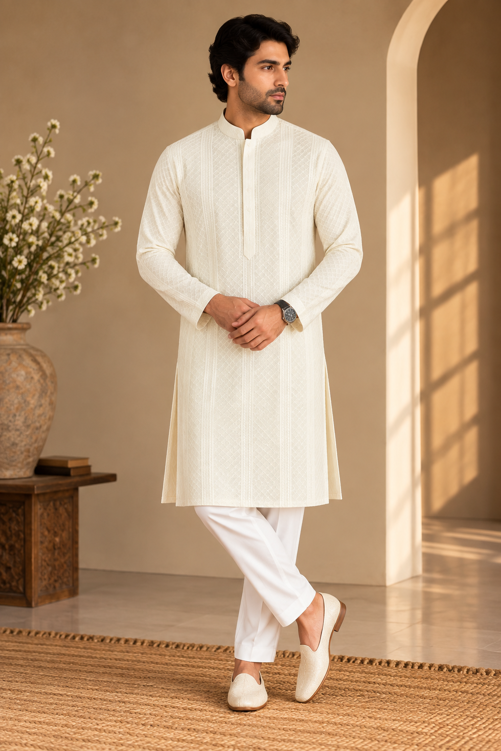 KPD4111 Plus Size Butter Cream Sequin Ethnic Kurta Pyjama Set