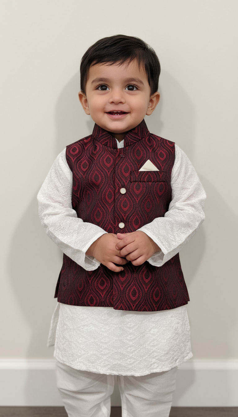 KPK7078 White Kurta Pyjama and Mahroon Nehru Jacket