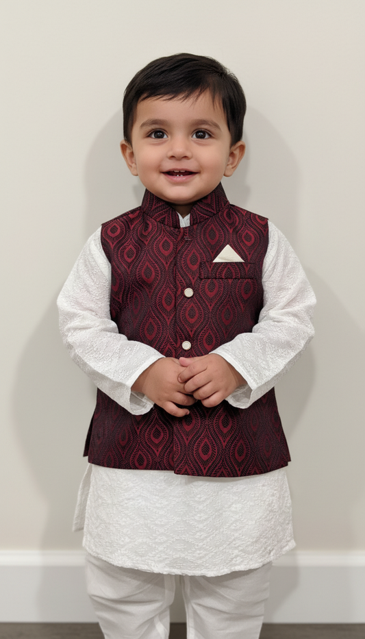 KPK7078 White Kurta Pyjama and Mahroon Nehru Jacket