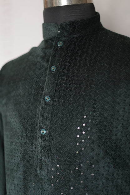 KPD6184 Green Suede Sequin Kurta Pyjama Set