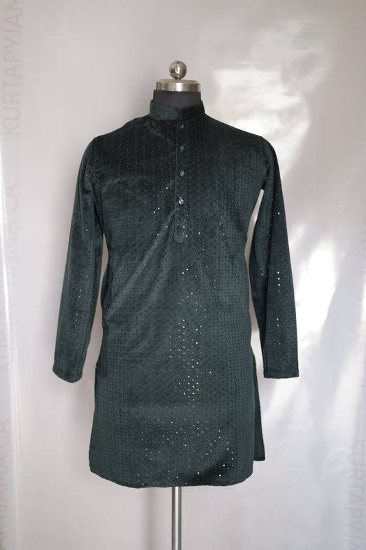 KPD6184 Green Suede Sequin Kurta Pyjama Set