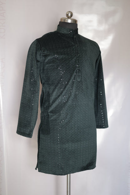 KPD6184 Green Suede Sequin Kurta Pyjama Set