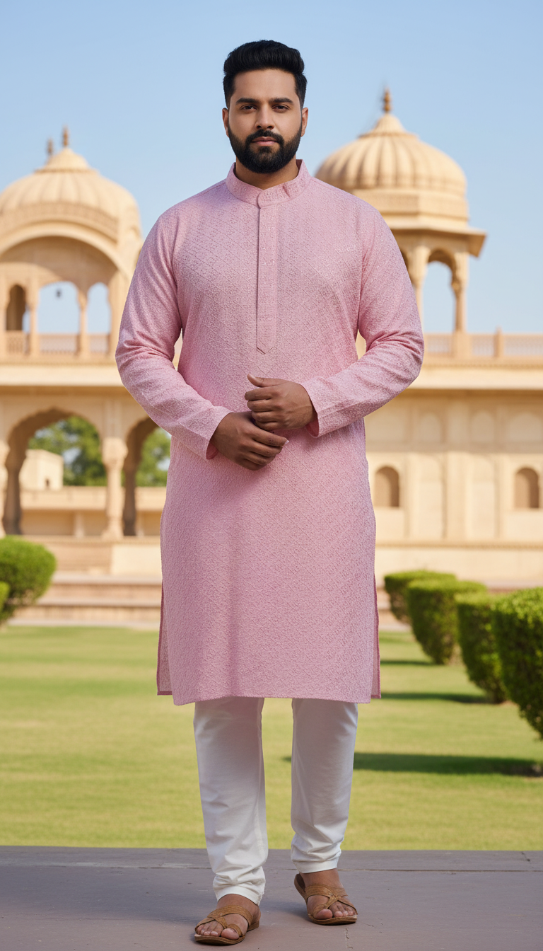 KPD6016 Baby Pink Luckhnowi Kurta Pyjama Set