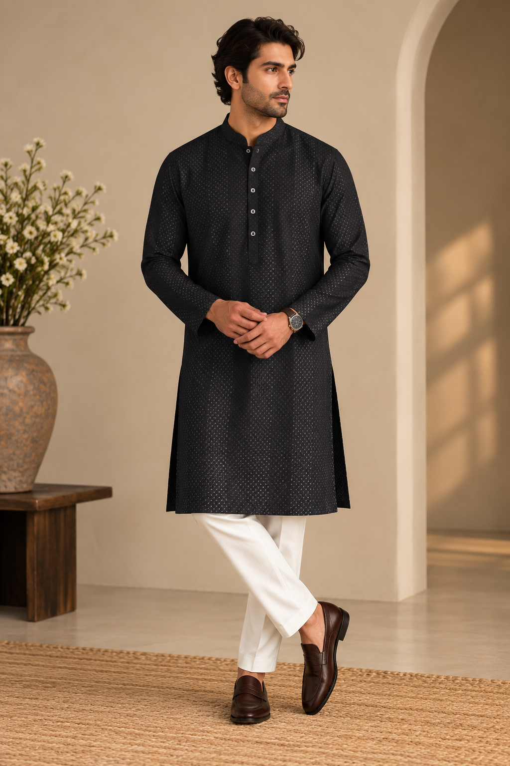 KPD6299 Jet Black Micro-Dot Designer Kurta Pyjama Set