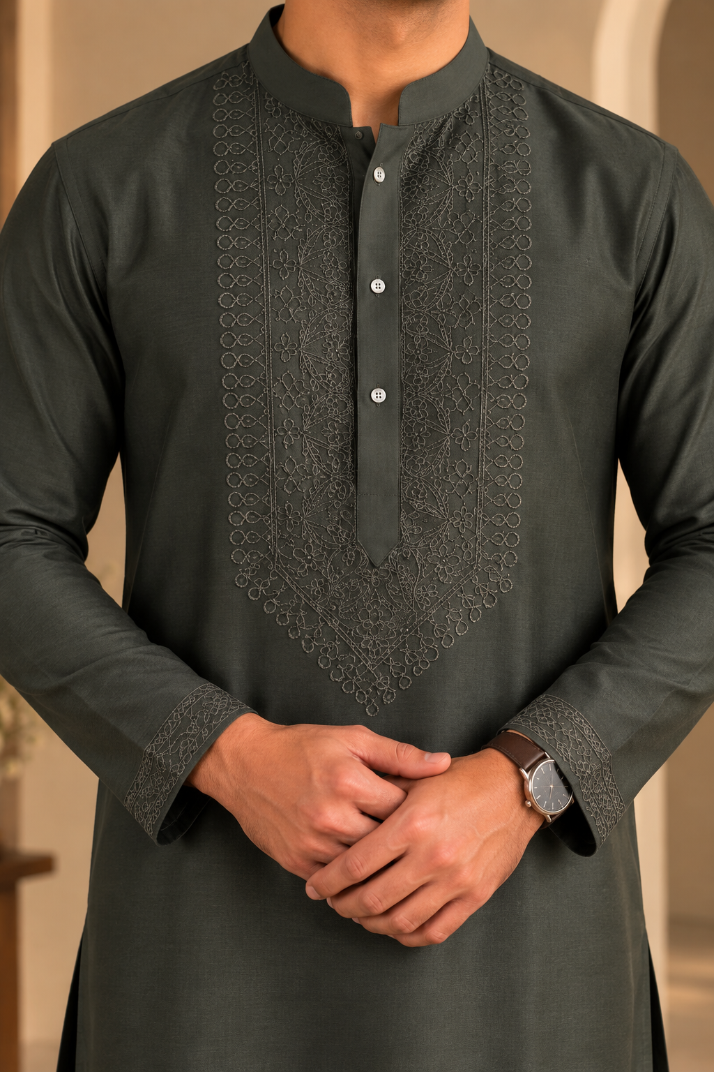 KPD6304 Olive Green Embroidered Designer Kurta Pyjama Set