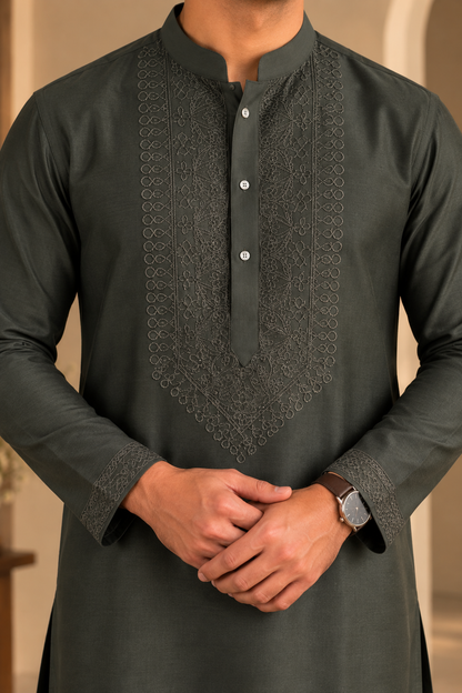 KPD6304 Olive Green Embroidered Designer Kurta Pyjama Set