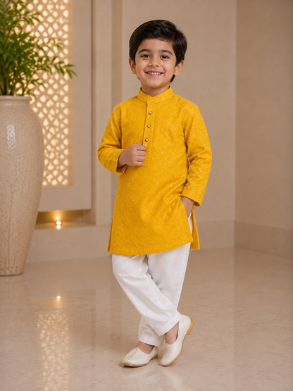 KPK2017 Mustard Yellow Embroidered Kurta Pyjama Set