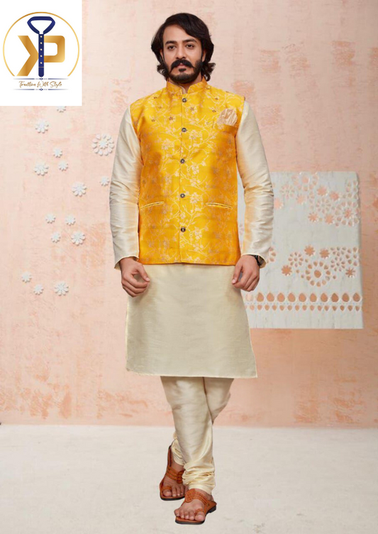 KPD2078 Cream Kurta Set With Yellow Designer Jacket