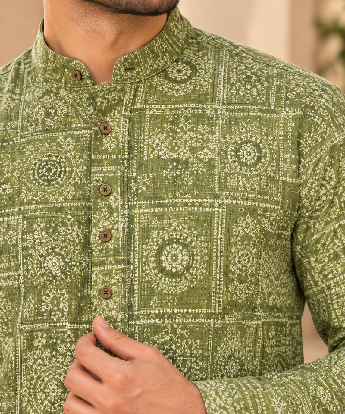 KPD6321 Mehndi Green Printed Kurta for Men