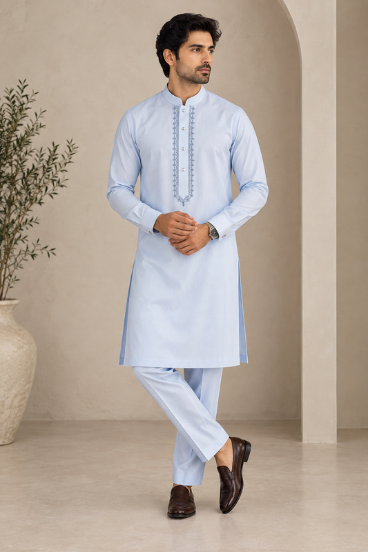 KPD6292 Light Blue Designer Embroidered Kurta Pyjama Set