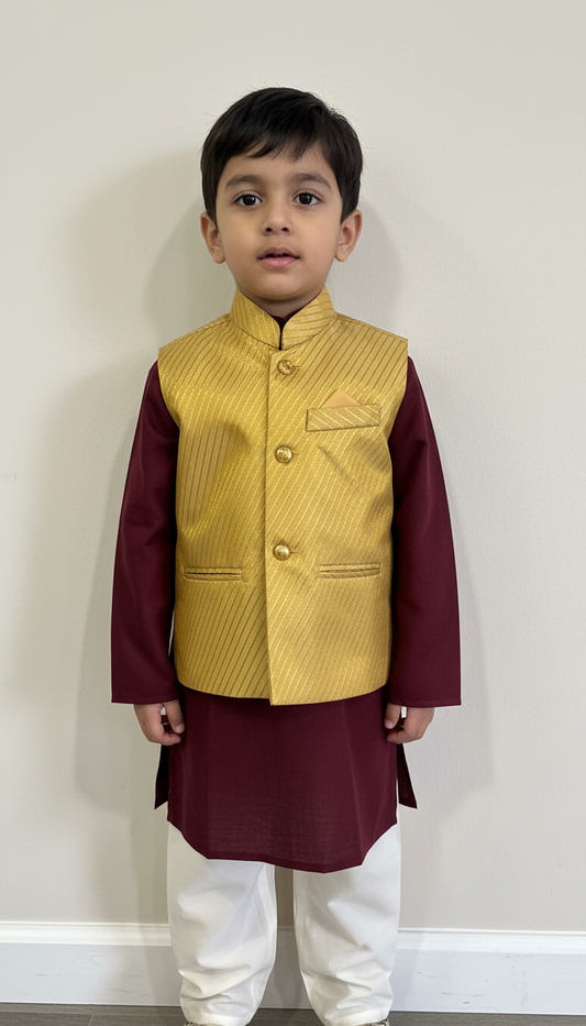 KPK7041 Mahroon Kurta and Golden Nehru Jacket Set 3-4y