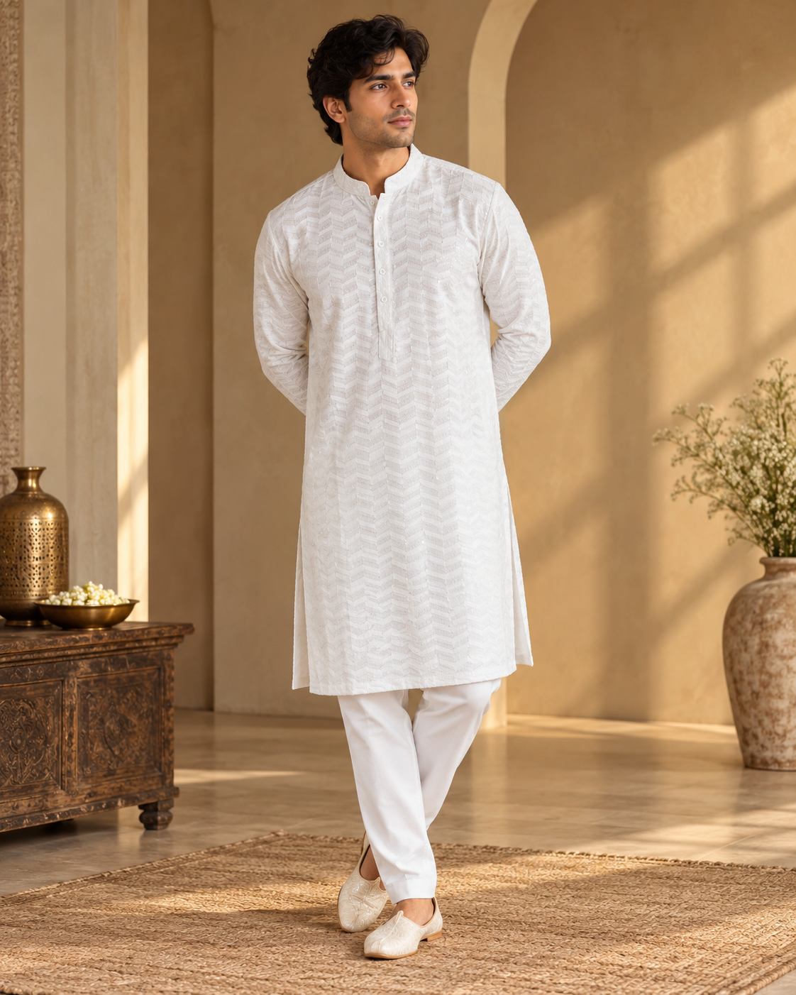 KPD4110 Plus Size White Zig-Zag Sequin Designer Kurta Pyjama