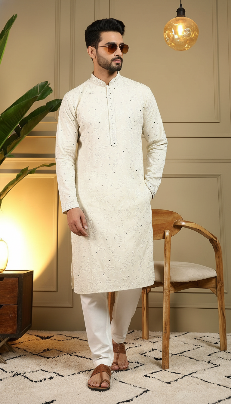 Off-white mirror work kurta pyjama