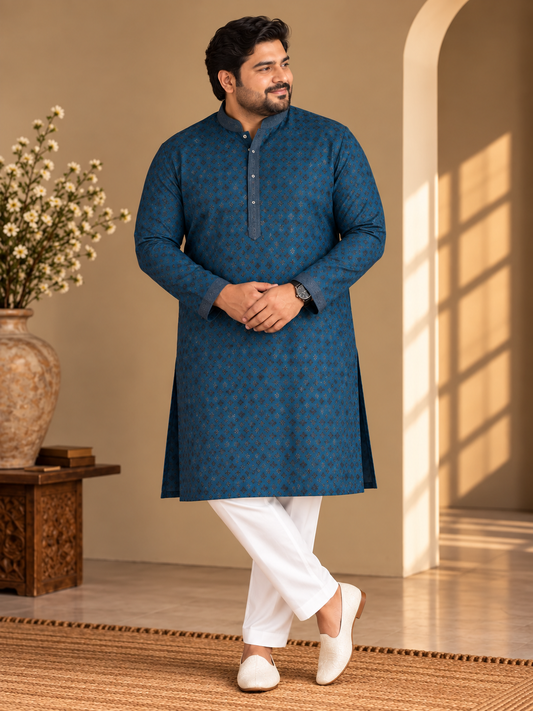 KPD4115 Plus Size Teal Blue Sequin Embroidered Kurta with White Pyjama