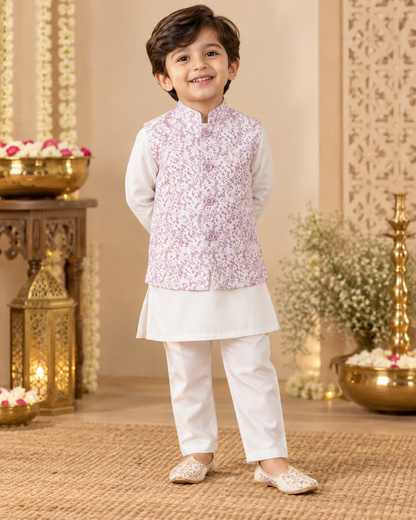 KPK7119 Lavender Printed Nehru Jacket with White Kurta Pyja