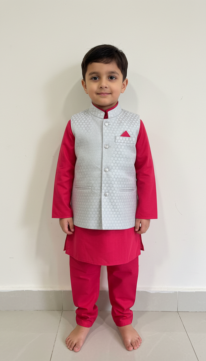 KPK7051 Red Kurta and Grey Nehru Jacket 3-4y