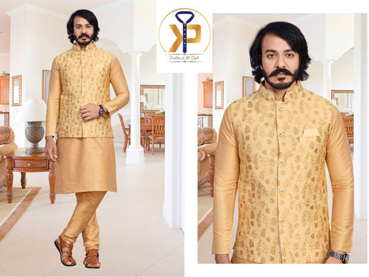 golden kurta set and nehru jacket 