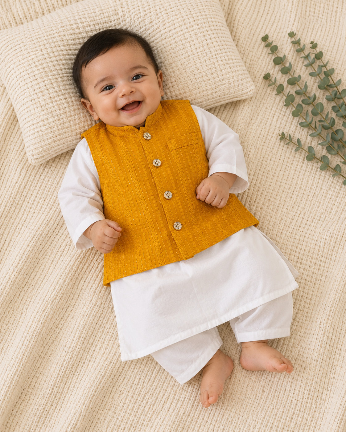 KPK2014 Yellow Chikankari Nehru Jacket Set with White Pants – 6 to 12 Months
