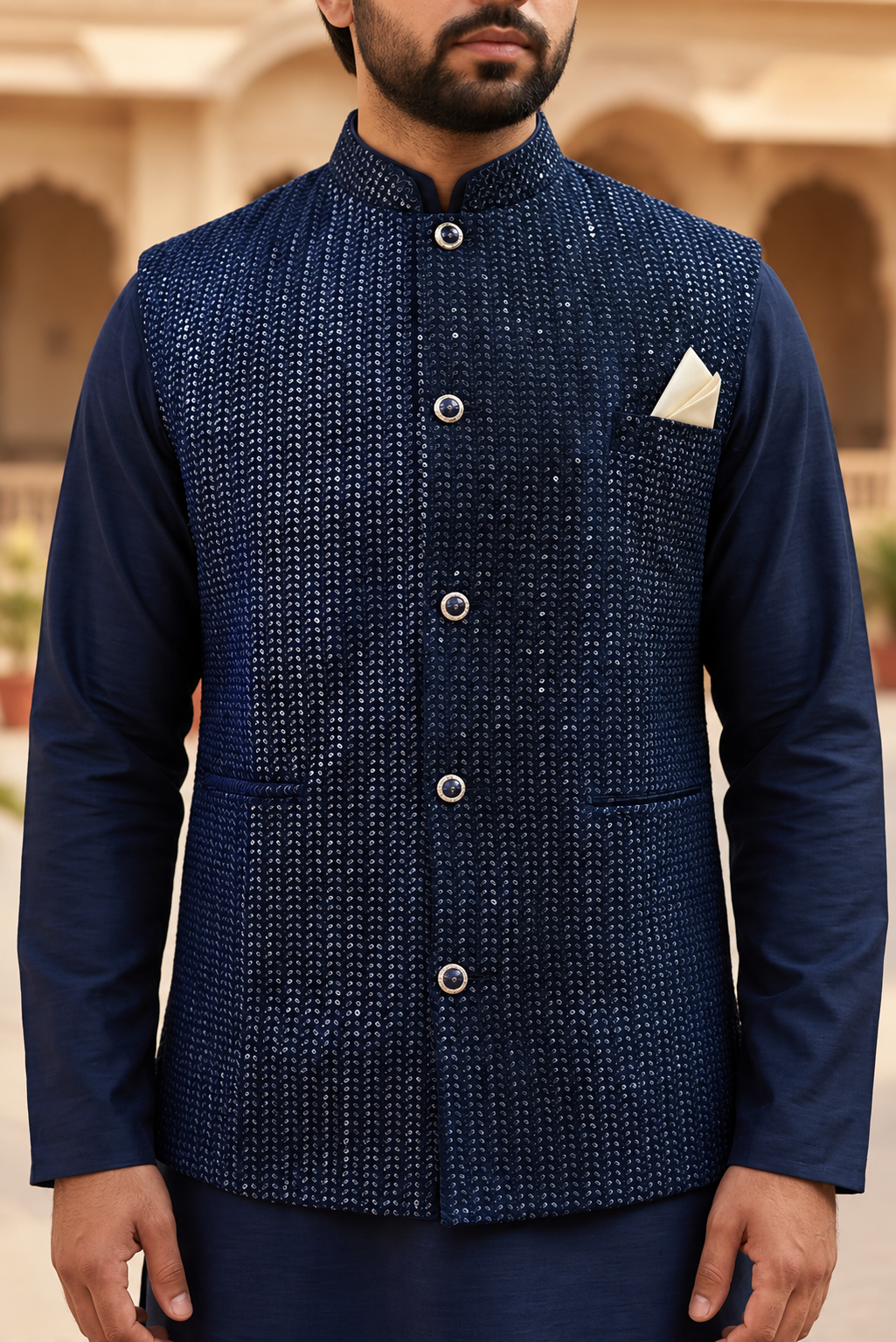 KPD6198 Dark Blue Kurta Pyjama and Velvet Blue Nehru Jacket Set