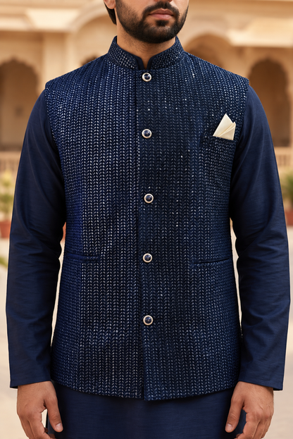KPD6198 Dark Blue Kurta Pyjama and Velvet Blue Nehru Jacket Set