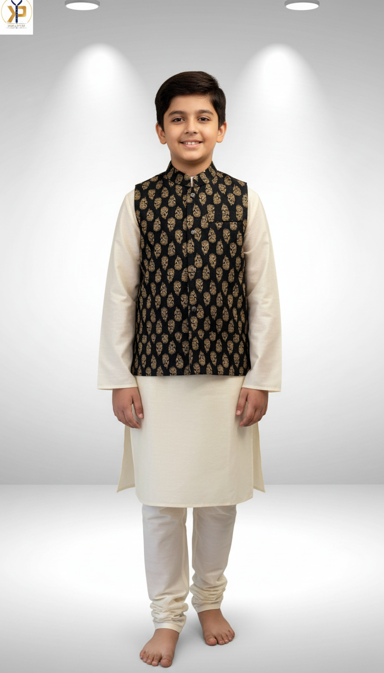 KPK7084 Cream Kurta and Black Nehru Jacket 12-13y