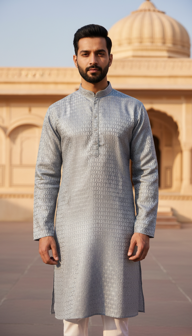 KPD6021 Grey Jacquard Kurta Pyjama Set