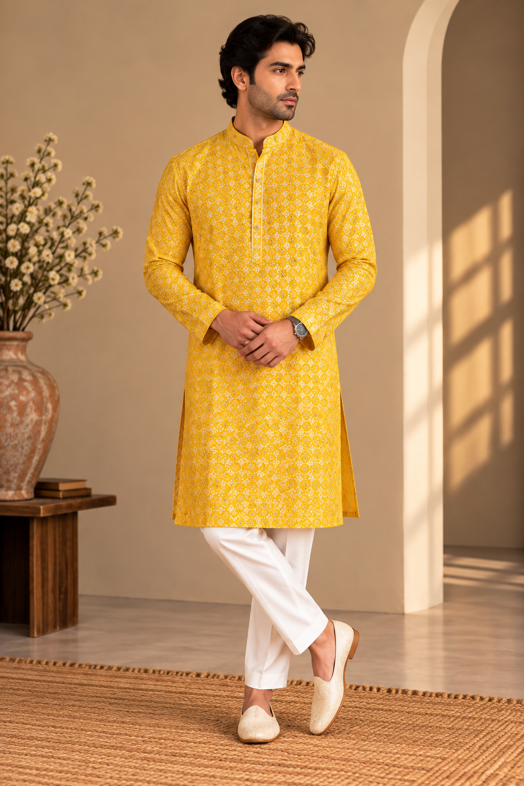 KPD6306 Sunshine Yellow Floral Patterned Designer Kurta Pyjama Set