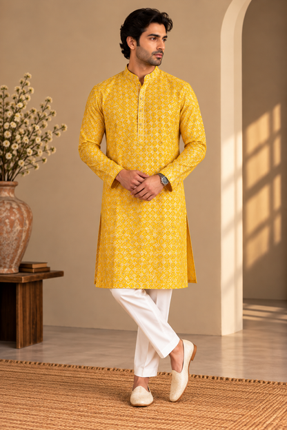 KPD6306 Sunshine Yellow Floral Patterned Designer Kurta Pyjama Set