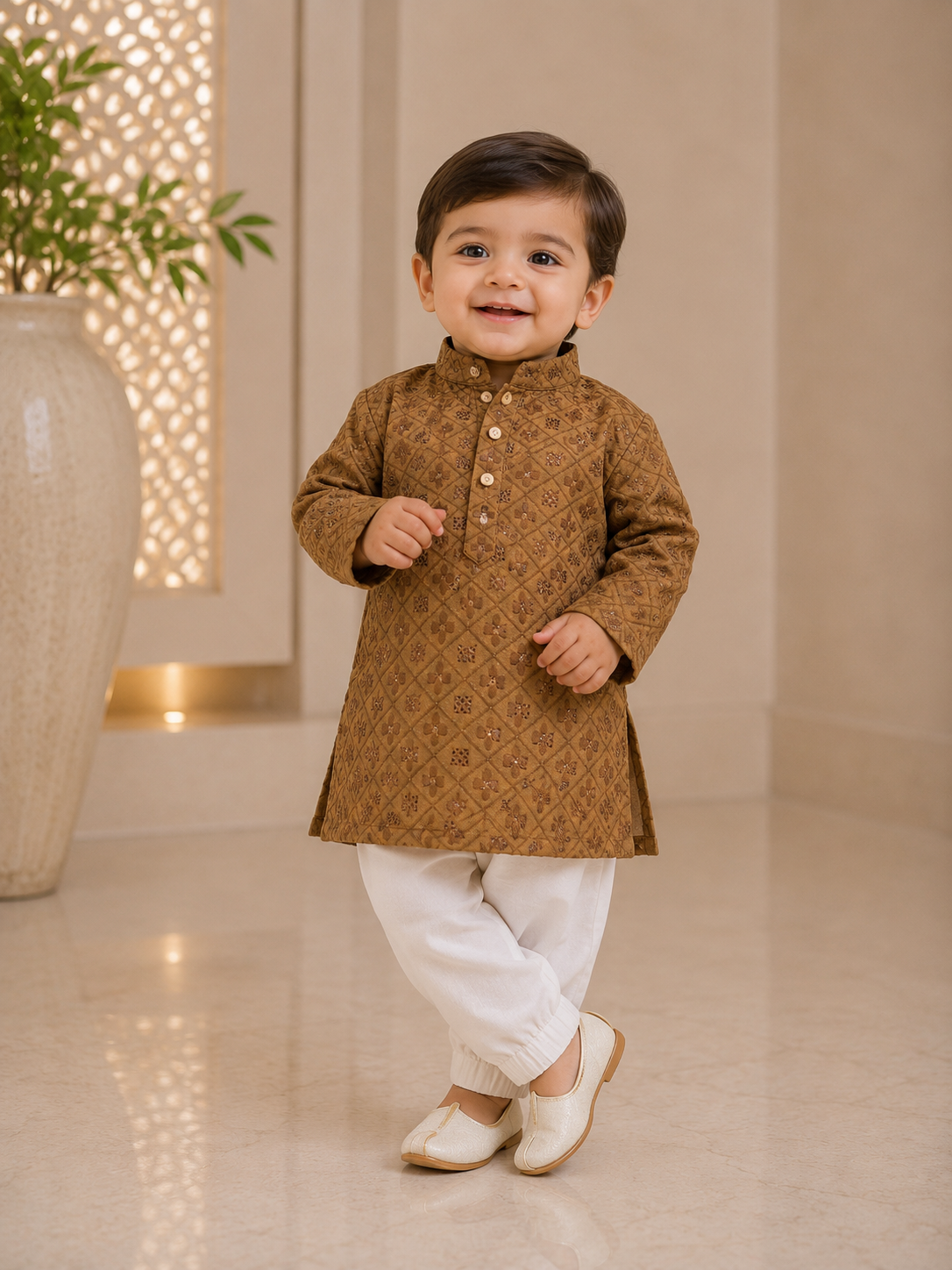 KPK2025 Brown Embroidered Kurta Pyjama Set for Baby Boys