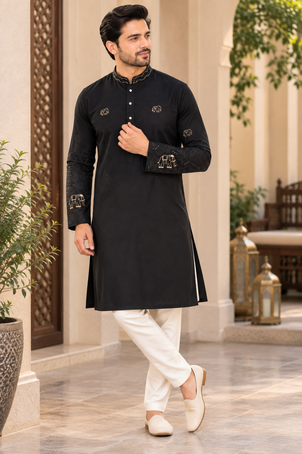 KPD6322 Black Elephant Embroidered Kurta for Men